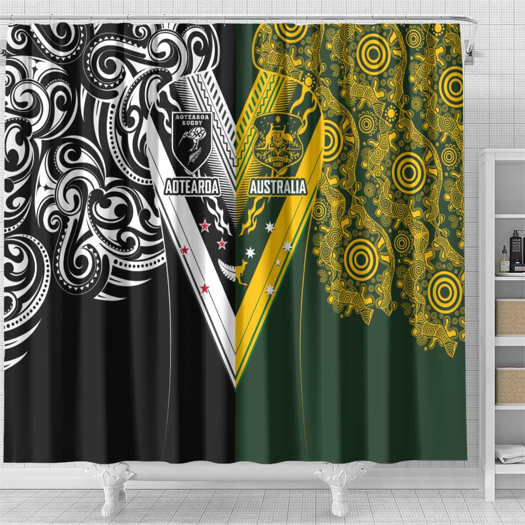 Aotearoa Australia Rugby Shower Curtain Maori and Aboriginal Art Sporty Style - Polynesian Pride