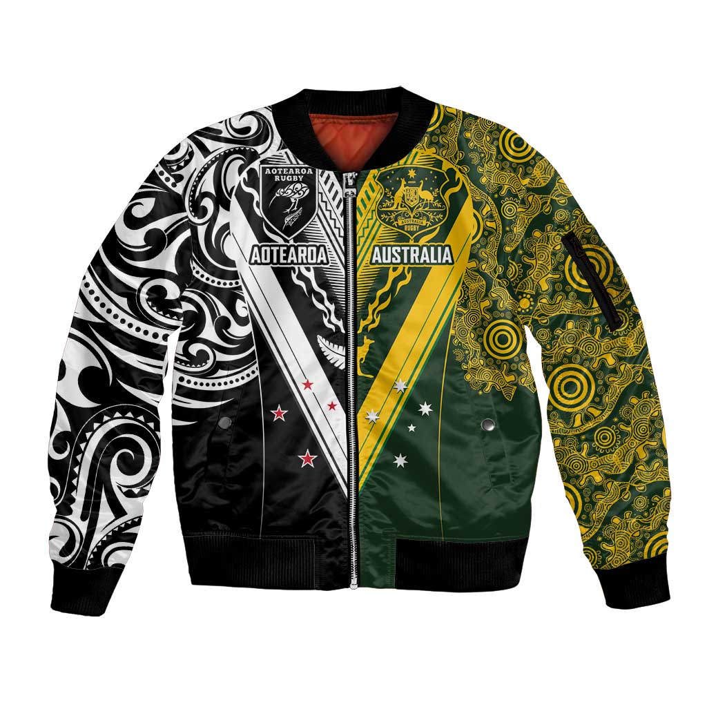 Aotearoa Australia Rugby Custom Sleeve Zip Bomber Jacket Maori and Aboriginal Art Sporty Style LT03 Unisex Green - Polynesian Pride
