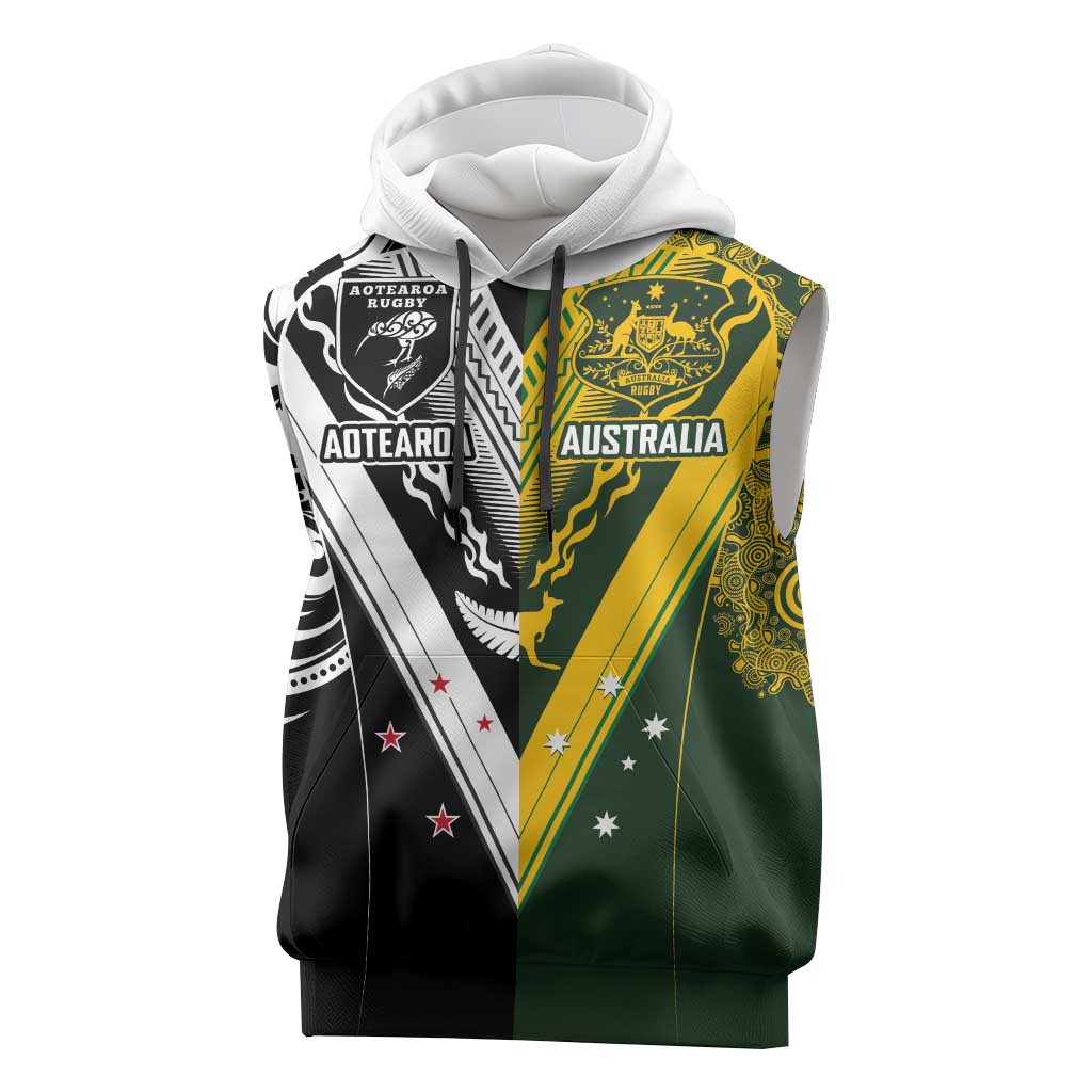 Aotearoa Australia Rugby Custom Sleeveless Hoodie Maori and Aboriginal Art Sporty Style - Polynesian Pride