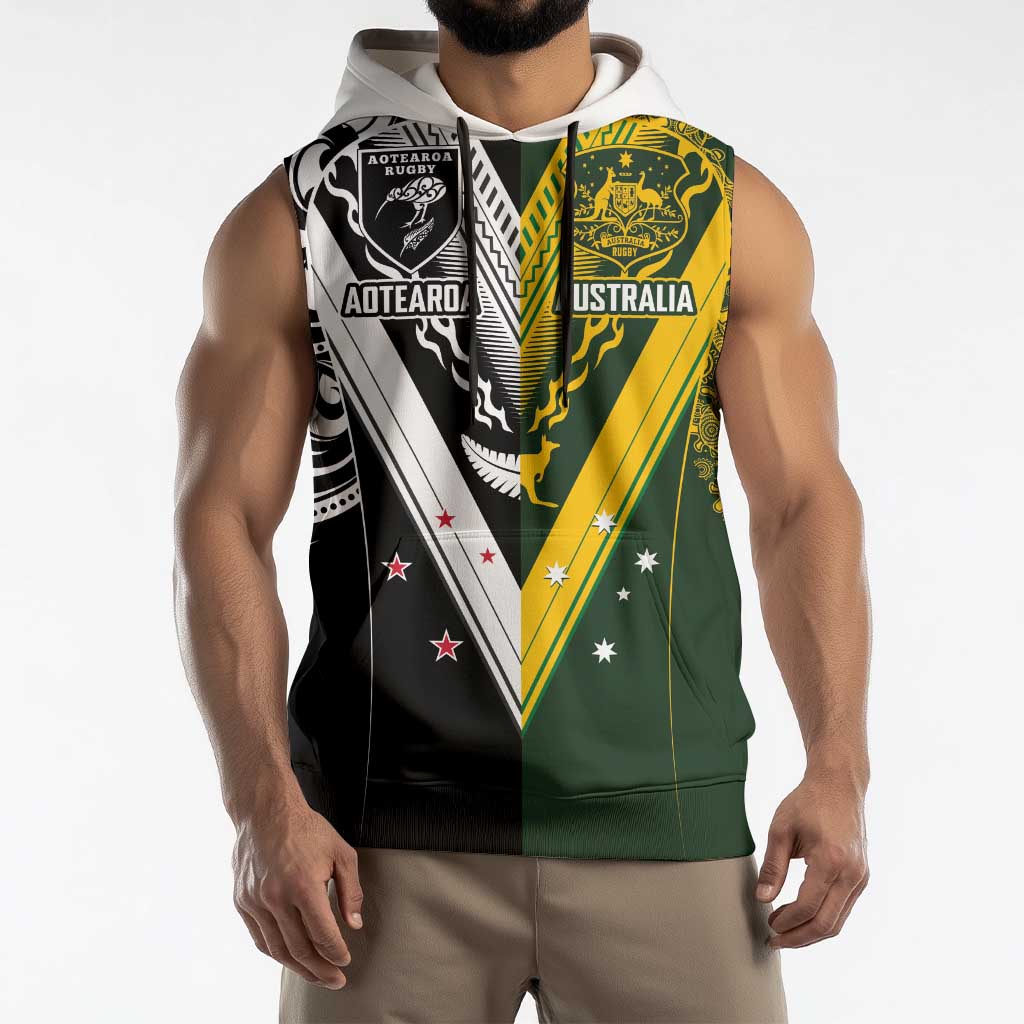 Aotearoa Australia Rugby Custom Sleeveless Hoodie Maori and Aboriginal Art Sporty Style - Polynesian Pride