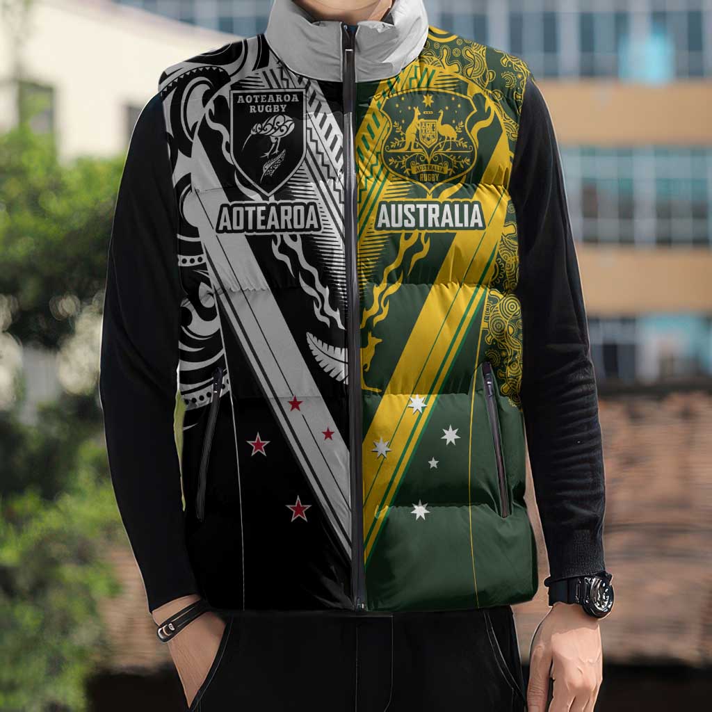 Aotearoa Australia Rugby Custom Sleeveless Puffer Jacket Maori and Aboriginal Art Sporty Style - Polynesian Pride