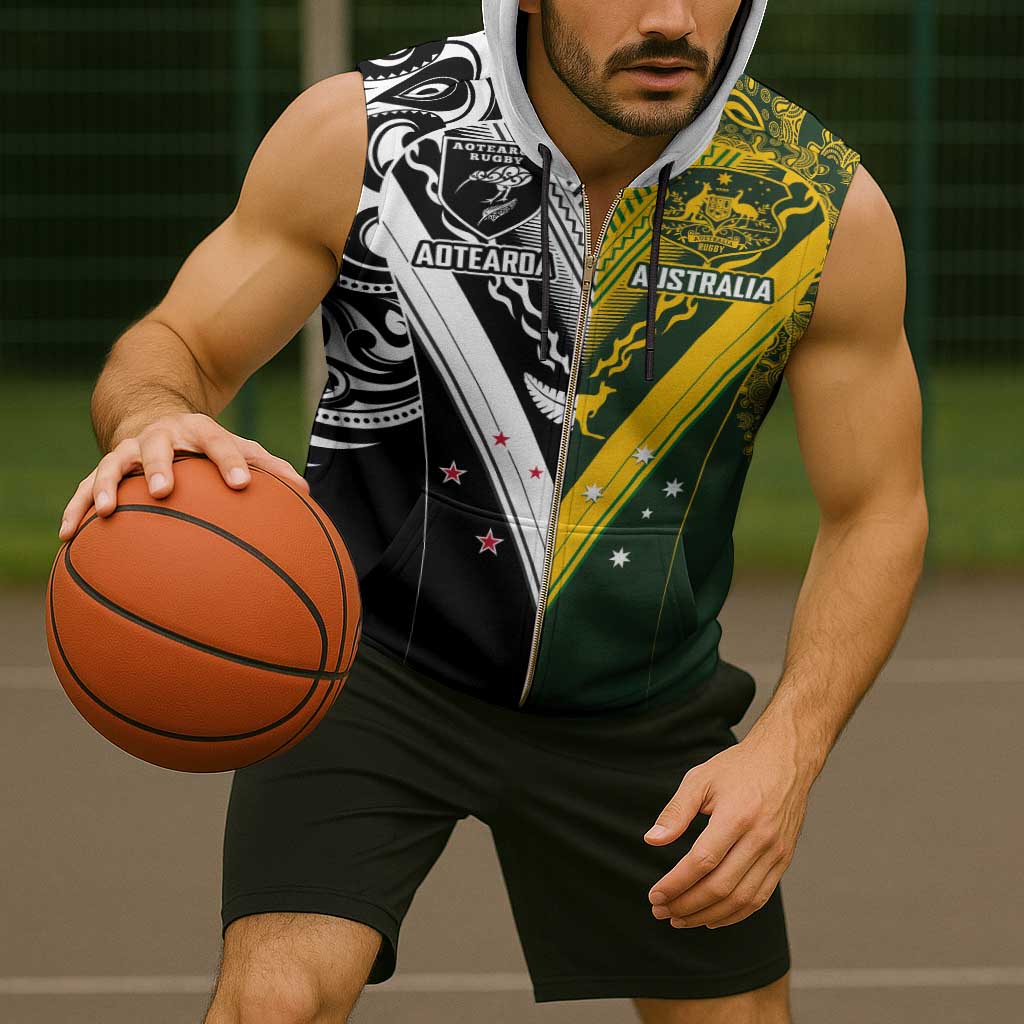 Aotearoa Australia Rugby Custom Sleeveless Zip Hoodie Maori and Aboriginal Art Sporty Style - Polynesian Pride