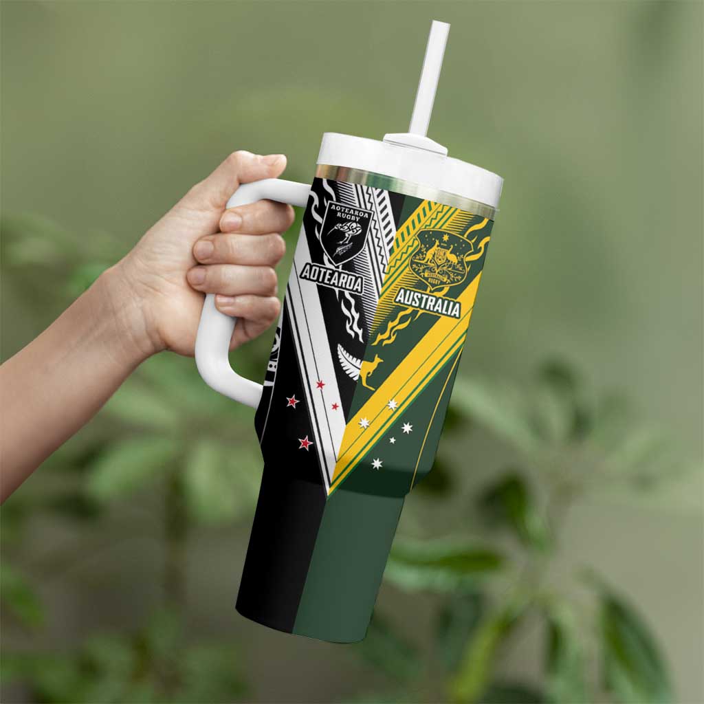Aotearoa Australia Rugby Custom Tumbler With Handle Maori and Aboriginal Art Sporty Style - Polynesian Pride