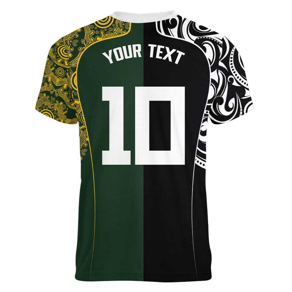 Aotearoa Australia Rugby Custom Women V-Neck T-Shirt Maori and Aboriginal Art Sporty Style - Polynesian Pride