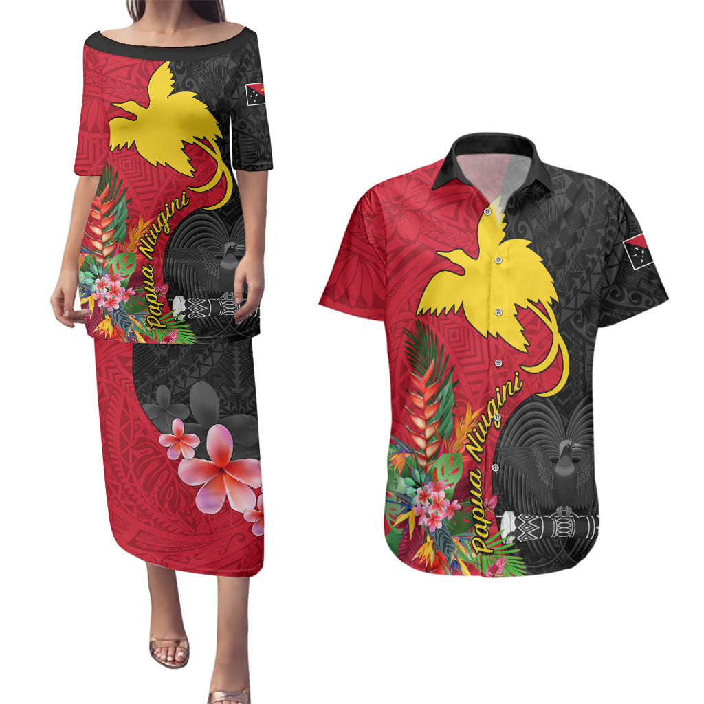 Papua New Guinea Couples Matching Puletasi Dress and Hawaiian Shirt Birds Of Paradise Mix Tropical Flower Polynesian Pattern LT03 Red - Polynesian Pride