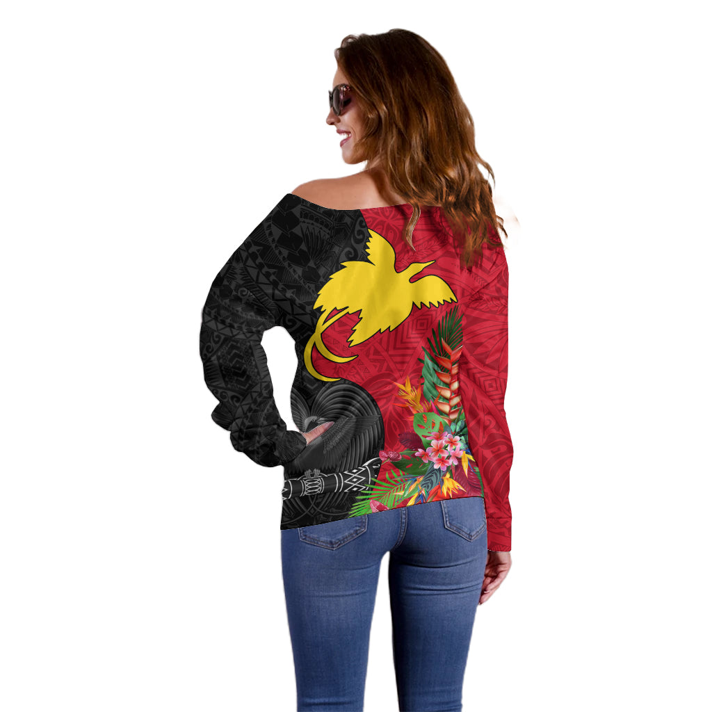 Papua New Guinea Off Shoulder Sweater Birds Of Paradise Mix Tropical Flower Polynesian Pattern LT03 - Polynesian Pride