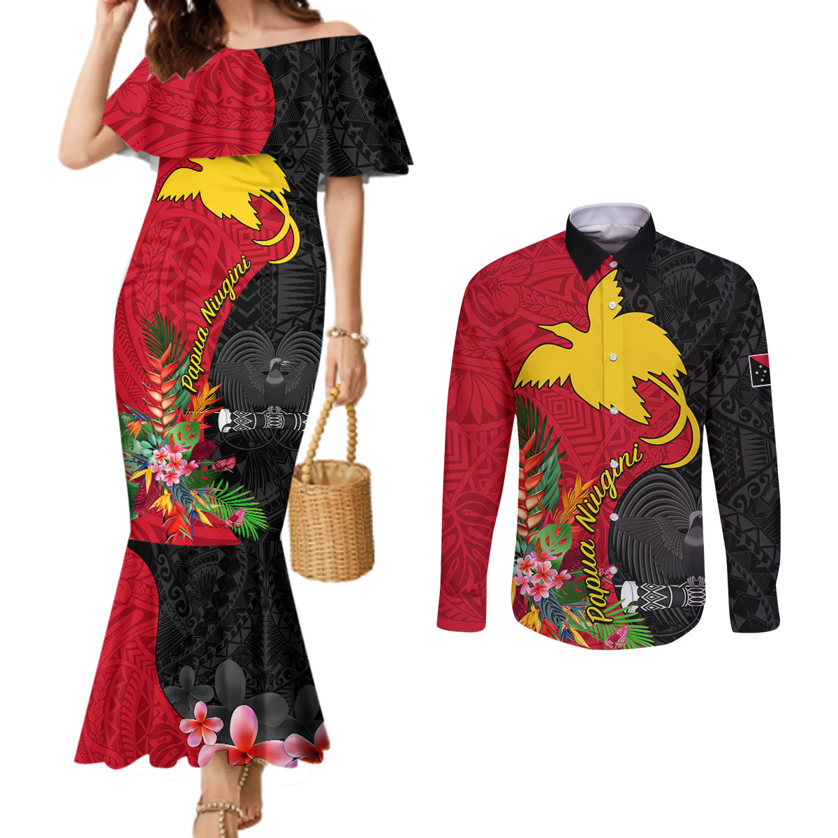 Custom Papua New Guinea Couples Matching Mermaid Dress and Long Sleeve Button Shirts Birds Of Paradise Mix Tropical Flower Polynesian Pattern LT03 Red - Polynesian Pride