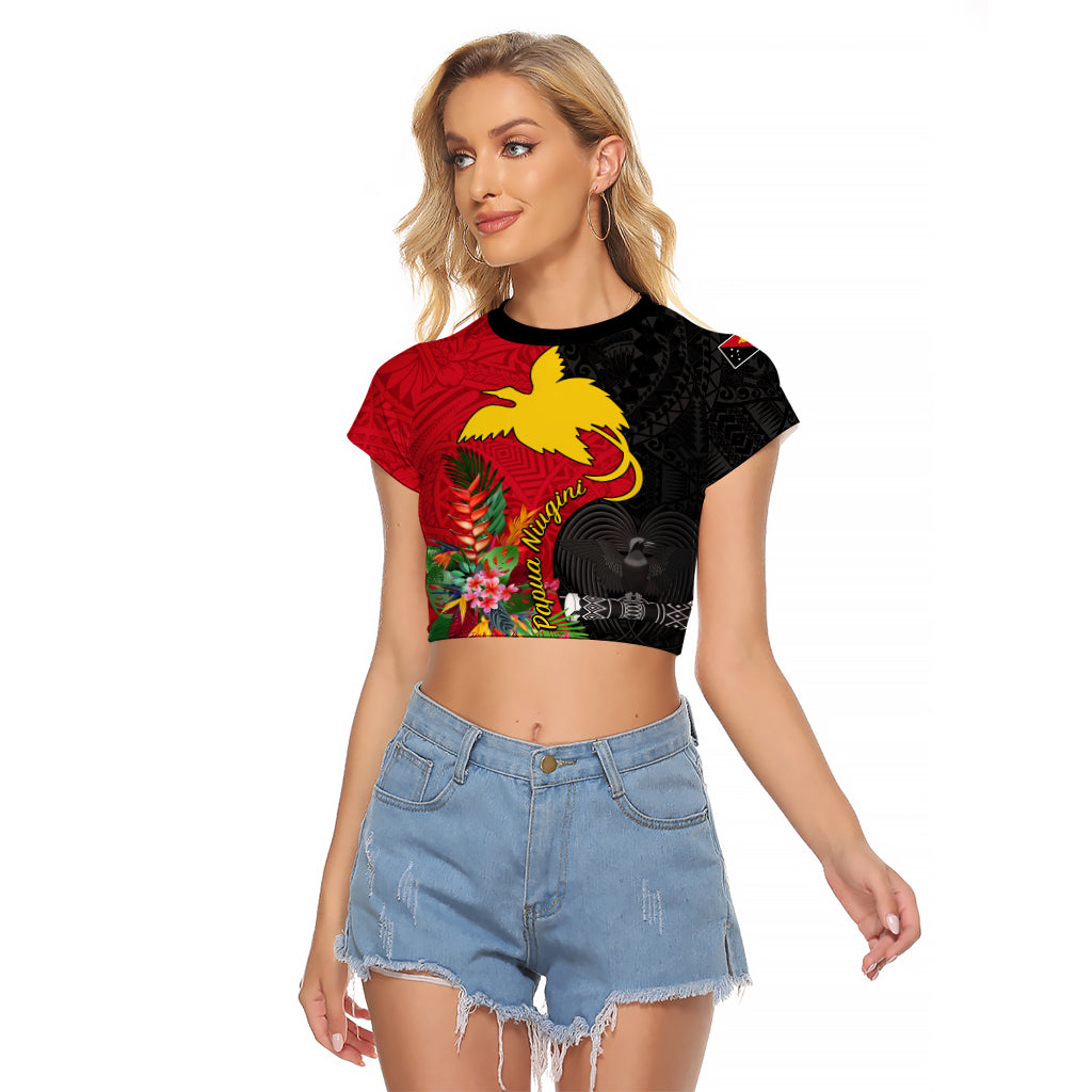 Custom Papua New Guinea Raglan Cropped T Shirt Birds Of Paradise Mix Tropical Flower Polynesian Pattern LT03 Female Red - Polynesian Pride