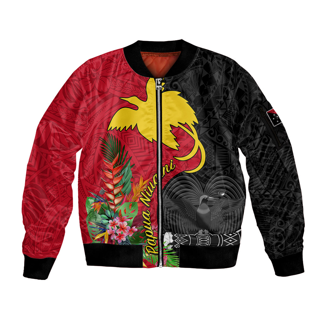 Custom Papua New Guinea Sleeve Zip Bomber Jacket Birds Of Paradise Mix Tropical Flower Polynesian Pattern LT03 Unisex Red - Polynesian Pride