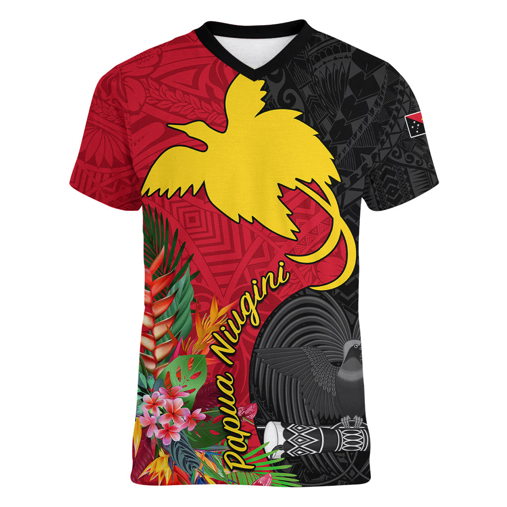 Custom Papua New Guinea Women V Neck T Shirt Birds Of Paradise Mix Tropical Flower Polynesian Pattern LT03 Female Red - Polynesian Pride