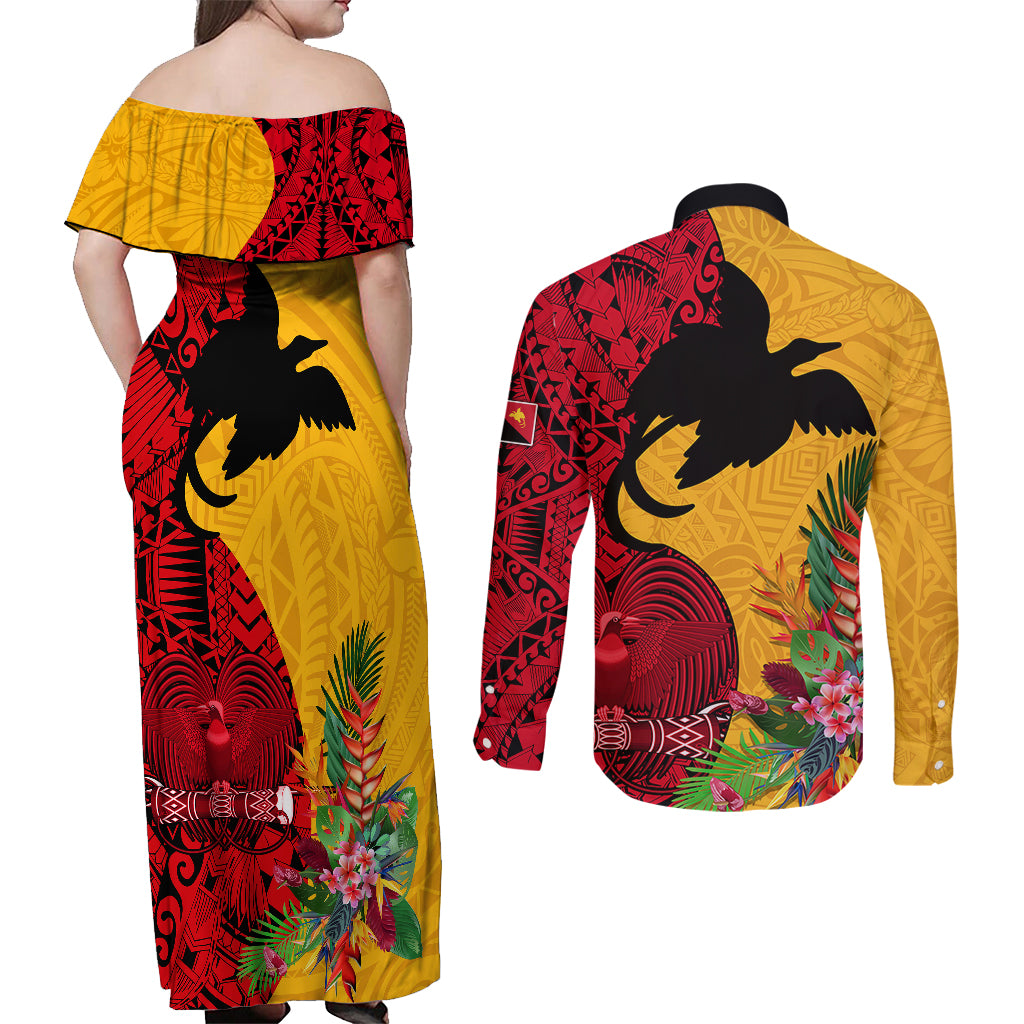 Papua New Guinea Couples Matching Off Shoulder Maxi Dress and Long Sleeve Button Shirts Birds Of Paradise Mix Tropical Flower Polynesian Pattern LT03 - Polynesian Pride
