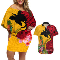 Papua New Guinea Couples Matching Off Shoulder Short Dress and Hawaiian Shirt Birds Of Paradise Mix Tropical Flower Polynesian Pattern LT03 Yellow - Polynesian Pride