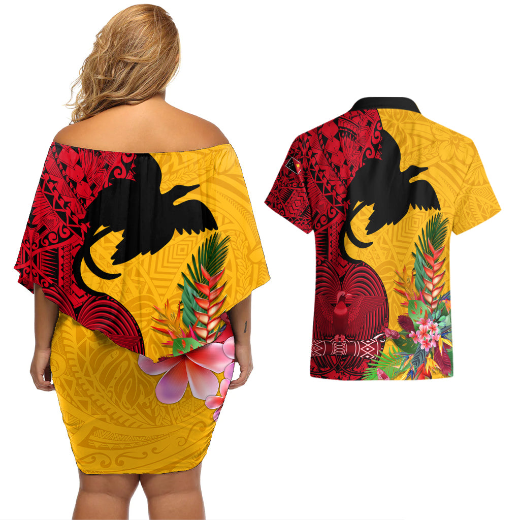 Papua New Guinea Couples Matching Off Shoulder Short Dress and Hawaiian Shirt Birds Of Paradise Mix Tropical Flower Polynesian Pattern LT03 - Polynesian Pride