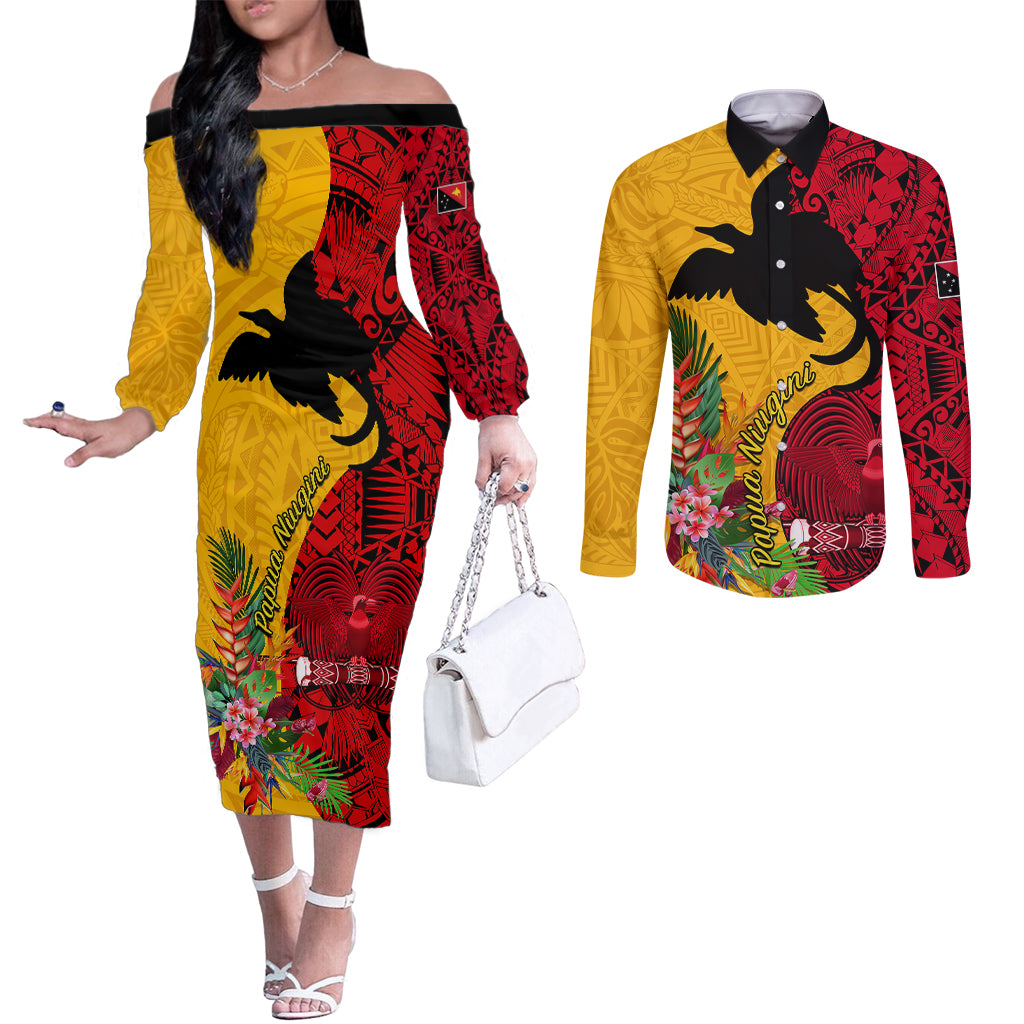 Papua New Guinea Couples Matching Off The Shoulder Long Sleeve Dress and Long Sleeve Button Shirts Birds Of Paradise Mix Tropical Flower Polynesian Pattern LT03 Yellow - Polynesian Pride