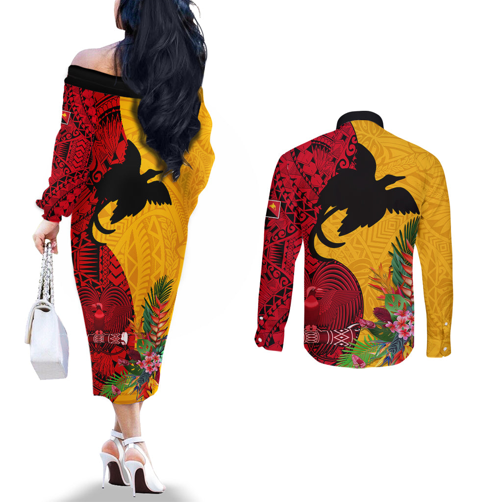 Papua New Guinea Couples Matching Off The Shoulder Long Sleeve Dress and Long Sleeve Button Shirts Birds Of Paradise Mix Tropical Flower Polynesian Pattern LT03 - Polynesian Pride
