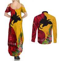 Papua New Guinea Couples Matching Summer Maxi Dress and Long Sleeve Button Shirts Birds Of Paradise Mix Tropical Flower Polynesian Pattern LT03 - Polynesian Pride