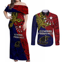 Papua New Guinea Central Province Couples Matching Off Shoulder Maxi Dress and Long Sleeve Button Shirts PNG Birds Of Paradise Polynesian Arty Style LT03 Red - Polynesian Pride