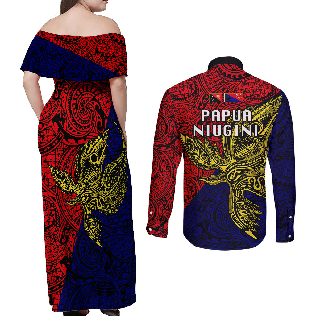 Papua New Guinea Central Province Couples Matching Off Shoulder Maxi Dress and Long Sleeve Button Shirts PNG Birds Of Paradise Polynesian Arty Style LT03 - Polynesian Pride