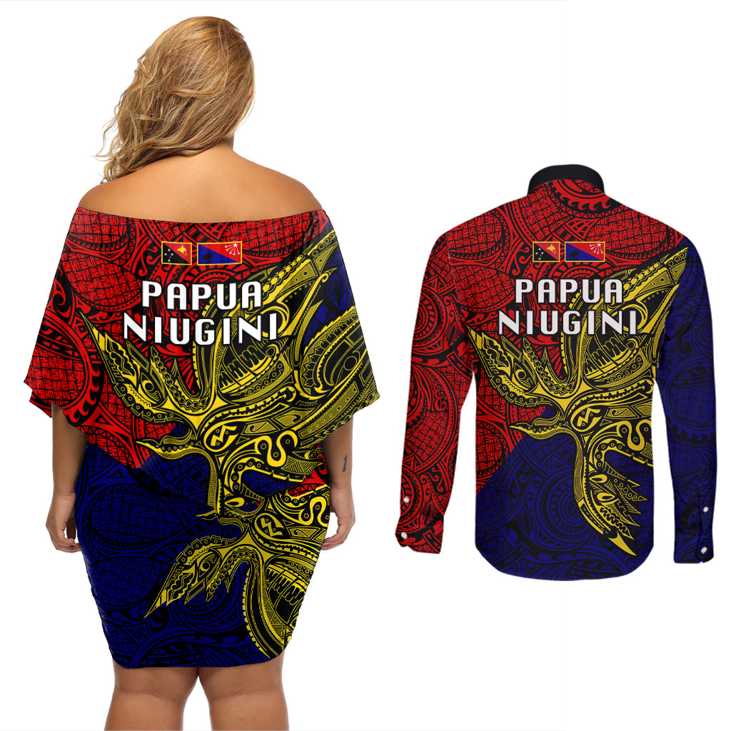 Papua New Guinea Central Province Couples Matching Off Shoulder Short Dress and Long Sleeve Button Shirts PNG Birds Of Paradise Polynesian Arty Style LT03 - Polynesian Pride