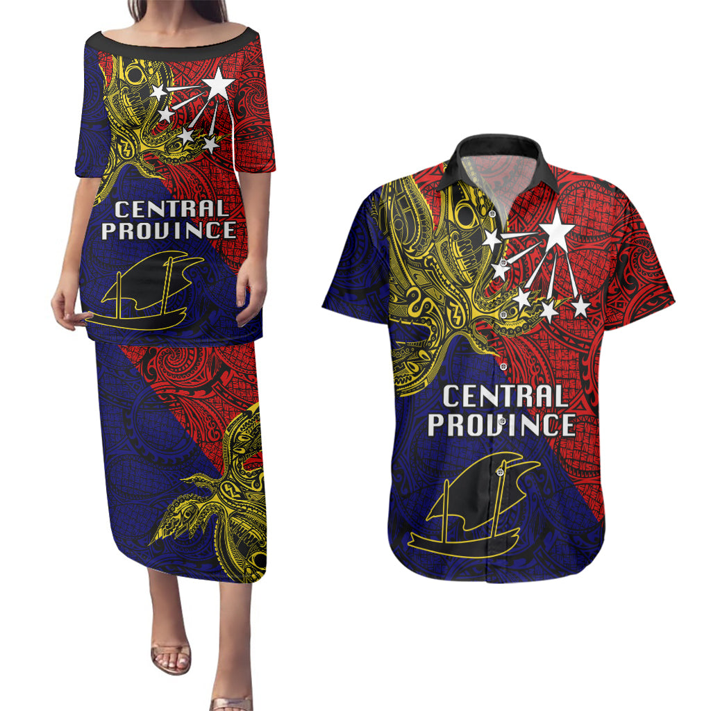 Papua New Guinea Central Province Couples Matching Puletasi Dress and Hawaiian Shirt PNG Birds Of Paradise Polynesian Arty Style LT03 Red - Polynesian Pride