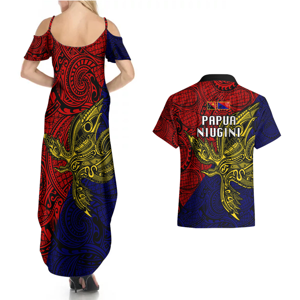 Papua New Guinea Central Province Couples Matching Summer Maxi Dress and Hawaiian Shirt PNG Birds Of Paradise Polynesian Arty Style LT03 - Polynesian Pride