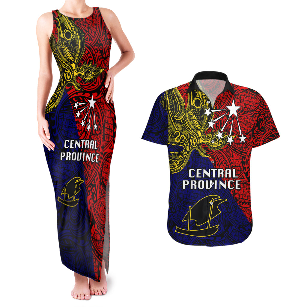 Papua New Guinea Central Province Couples Matching Tank Maxi Dress and Hawaiian Shirt PNG Birds Of Paradise Polynesian Arty Style LT03 Red - Polynesian Pride