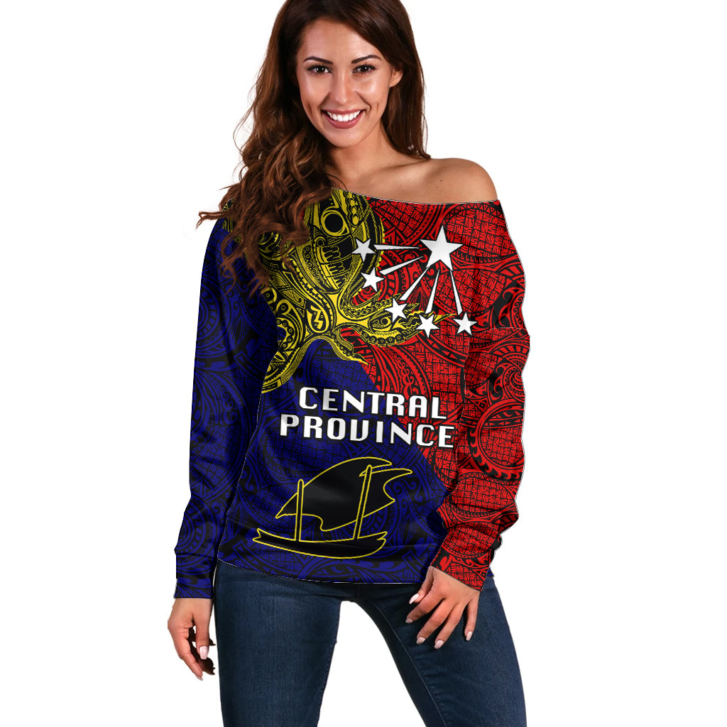 Papua New Guinea Central Province Off Shoulder Sweater PNG Birds Of Paradise Polynesian Arty Style LT03 Women Red - Polynesian Pride