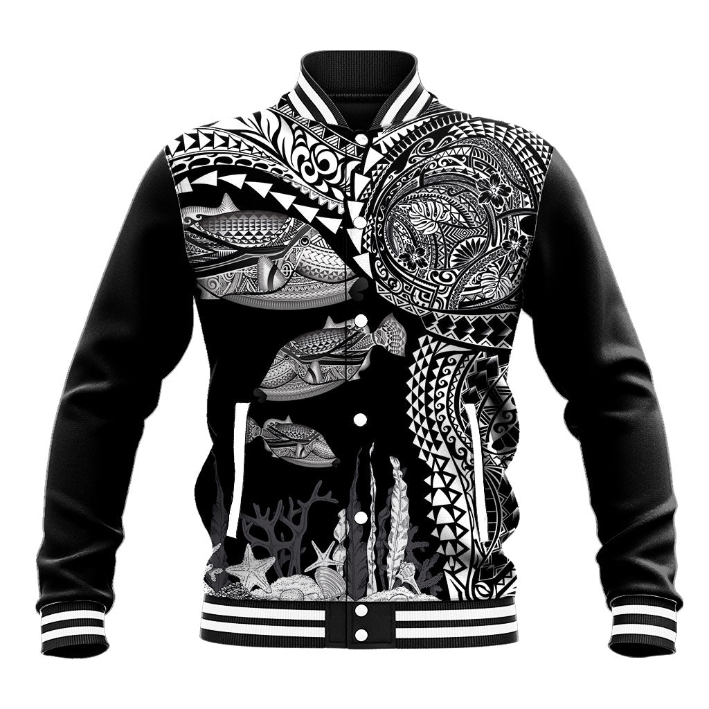 Hawaiian Reef Triggerfish Baseball Jacket Polynesian Art with Tribal Humuhumunukunukuapua'a LT03 Unisex Black - Polynesian Pride