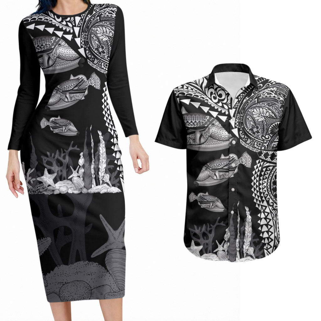 Hawaiian Reef Triggerfish Couples Matching Long Sleeve Bodycon Dress and Hawaiian Shirt Polynesian Art with Tribal Humuhumunukunukuapua'a LT03 Black - Polynesian Pride