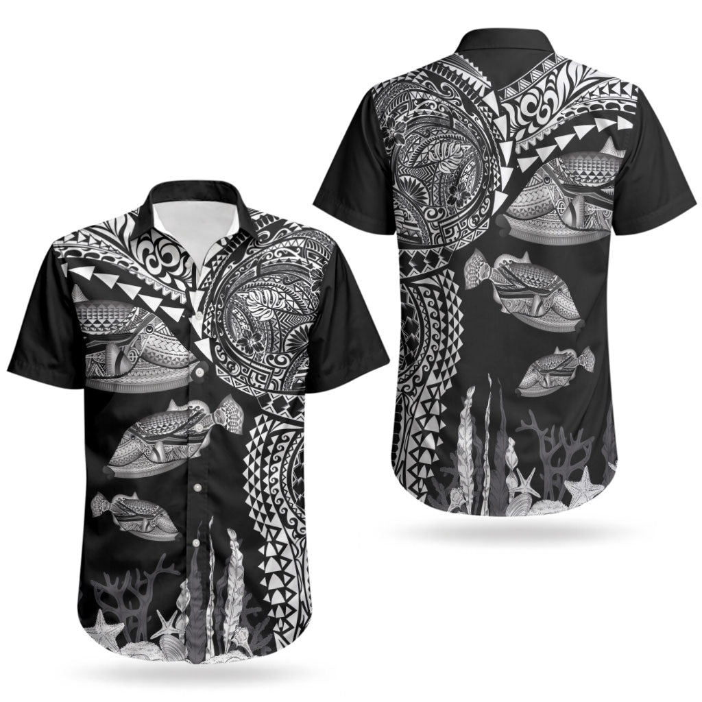 Hawaiian Reef Triggerfish Couples Matching Long Sleeve Bodycon Dress and Hawaiian Shirt Polynesian Art with Tribal Humuhumunukunukuapua'a LT03 - Polynesian Pride