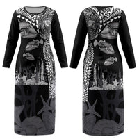 Hawaiian Reef Triggerfish Couples Matching Long Sleeve Bodycon Dress and Hawaiian Shirt Polynesian Art with Tribal Humuhumunukunukuapua'a LT03 - Polynesian Pride
