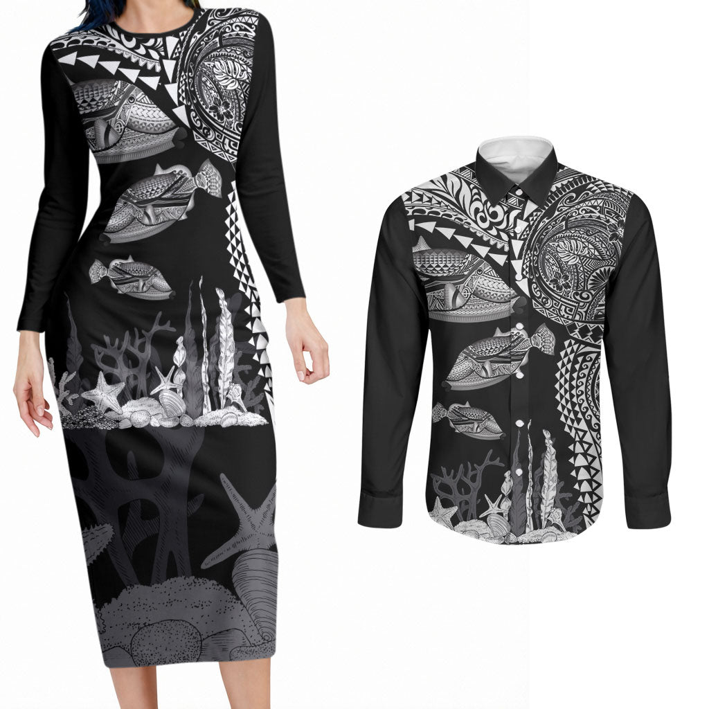 Hawaiian Reef Triggerfish Couples Matching Long Sleeve Bodycon Dress and Long Sleeve Button Shirt Polynesian Art with Tribal Humuhumunukunukuapua'a LT03 Black - Polynesian Pride