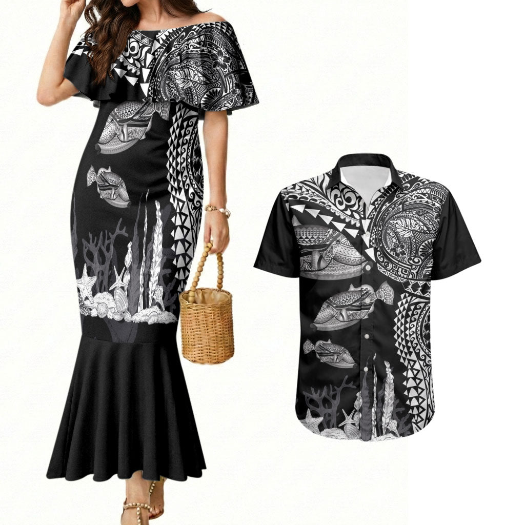 Hawaiian Reef Triggerfish Couples Matching Mermaid Dress and Hawaiian Shirt Polynesian Art with Tribal Humuhumunukunukuapua'a LT03 Black - Polynesian Pride