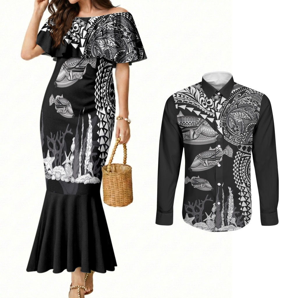 Hawaiian Reef Triggerfish Couples Matching Mermaid Dress and Long Sleeve Button Shirt Polynesian Art with Tribal Humuhumunukunukuapua'a LT03 Black - Polynesian Pride