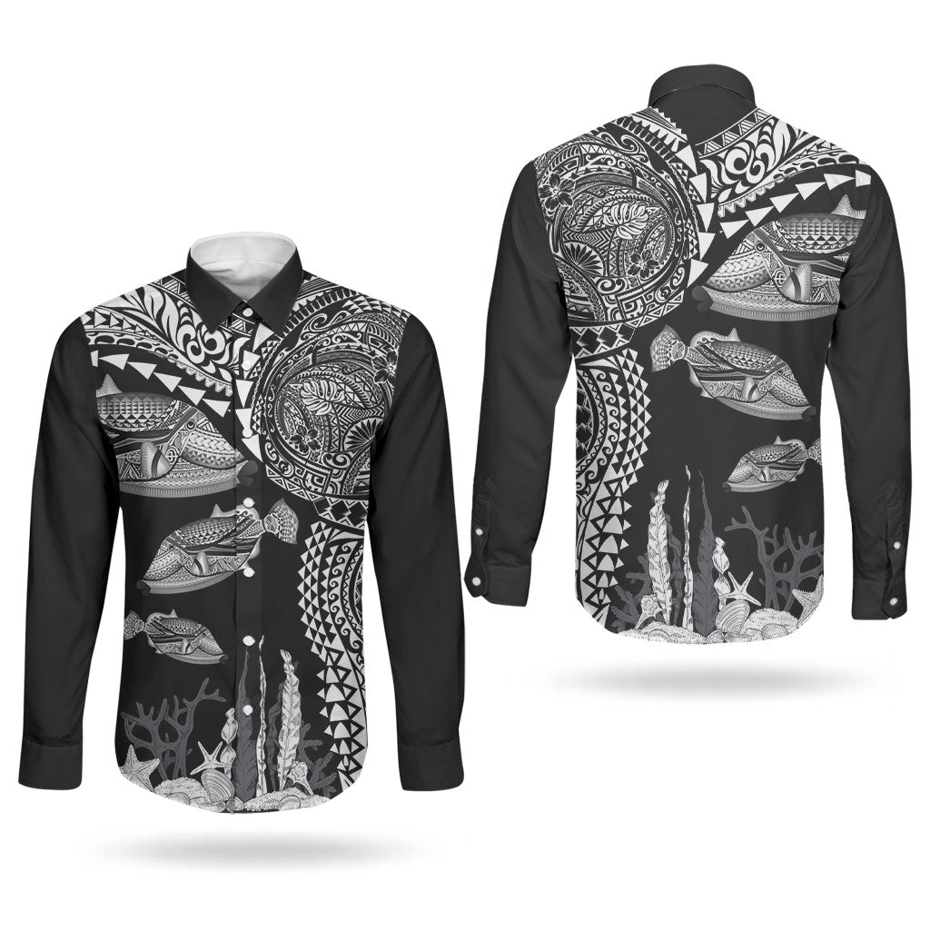 Hawaiian Reef Triggerfish Couples Matching Mermaid Dress and Long Sleeve Button Shirt Polynesian Art with Tribal Humuhumunukunukuapua'a LT03 - Polynesian Pride