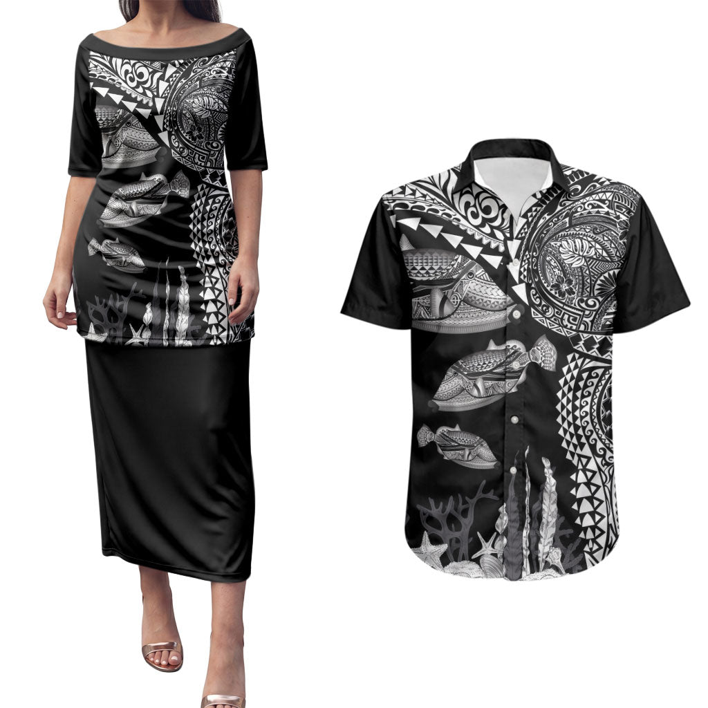 Hawaiian Reef Triggerfish Couples Matching Puletasi and Hawaiian Shirt Polynesian Art with Tribal Humuhumunukunukuapua'a LT03 Black - Polynesian Pride