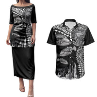 Hawaiian Reef Triggerfish Couples Matching Puletasi and Hawaiian Shirt Polynesian Art with Tribal Humuhumunukunukuapua'a LT03 Black - Polynesian Pride