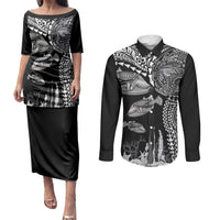 Hawaiian Reef Triggerfish Couples Matching Puletasi and Long Sleeve Button Shirt Polynesian Art with Tribal Humuhumunukunukuapua'a LT03 Black - Polynesian Pride