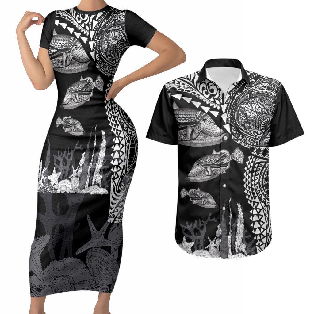 Hawaiian Reef Triggerfish Couples Matching Short Sleeve Bodycon Dress and Hawaiian Shirt Polynesian Art with Tribal Humuhumunukunukuapua'a LT03 Black - Polynesian Pride