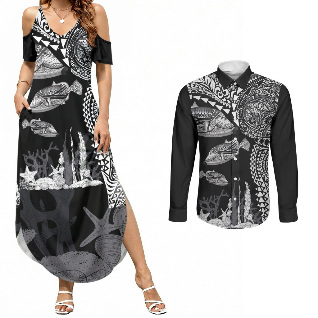 Hawaiian Reef Triggerfish Couples Matching Summer Maxi Dress and Long Sleeve Button Shirt Polynesian Art with Tribal Humuhumunukunukuapua'a LT03 Black - Polynesian Pride