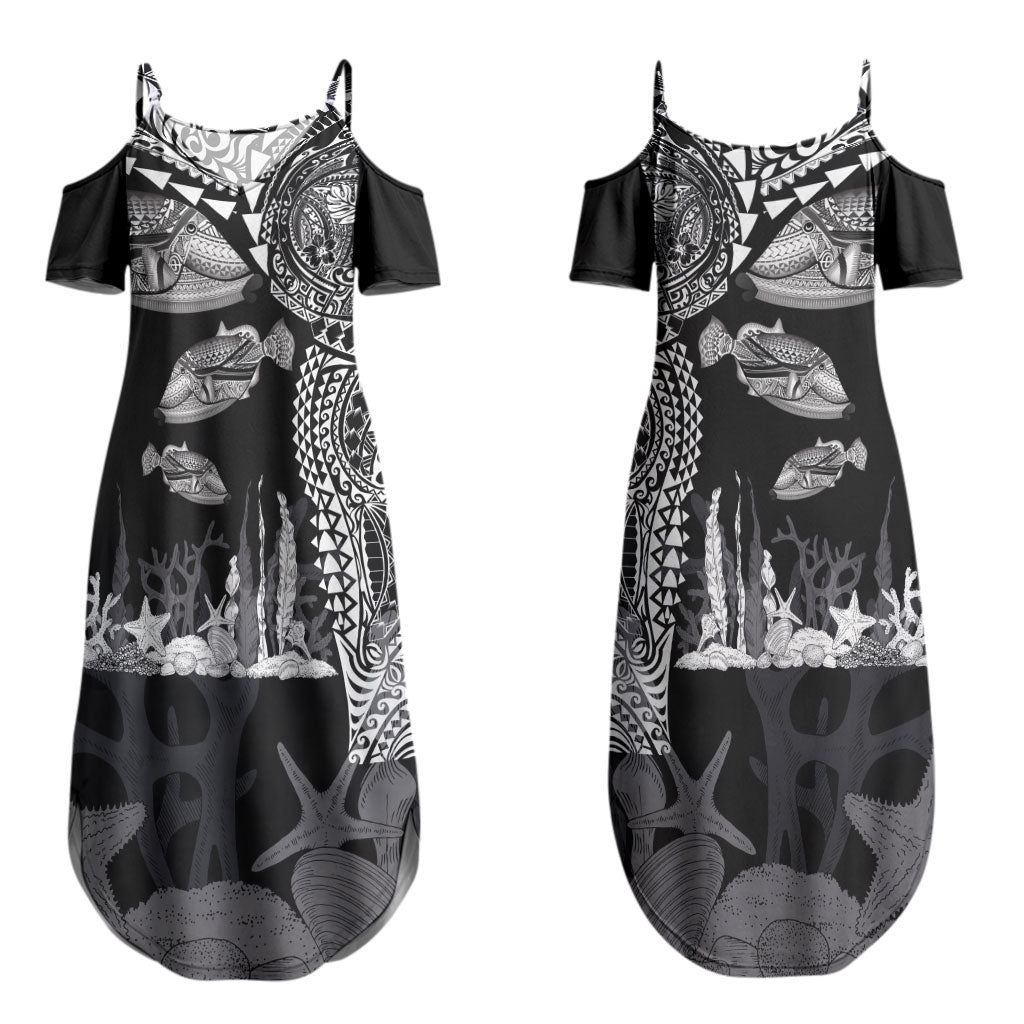 Hawaiian Reef Triggerfish Couples Matching Summer Maxi Dress and Long Sleeve Button Shirt Polynesian Art with Tribal Humuhumunukunukuapua'a LT03 - Polynesian Pride