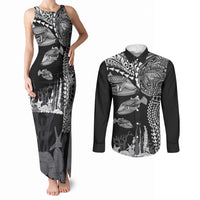 Hawaiian Reef Triggerfish Couples Matching Tank Maxi Dress and Long Sleeve Button Shirt Polynesian Art with Tribal Humuhumunukunukuapua'a LT03 Black - Polynesian Pride