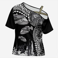 Hawaiian Reef Triggerfish Cross Shoulder Shirt Polynesian Art with Tribal Humuhumunukunukuapua'a LT03 Female Black - Polynesian Pride