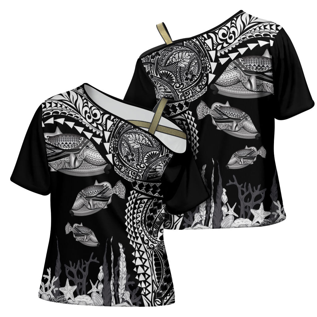 Hawaiian Reef Triggerfish Cross Shoulder Shirt Polynesian Art with Tribal Humuhumunukunukuapua'a LT03 - Polynesian Pride