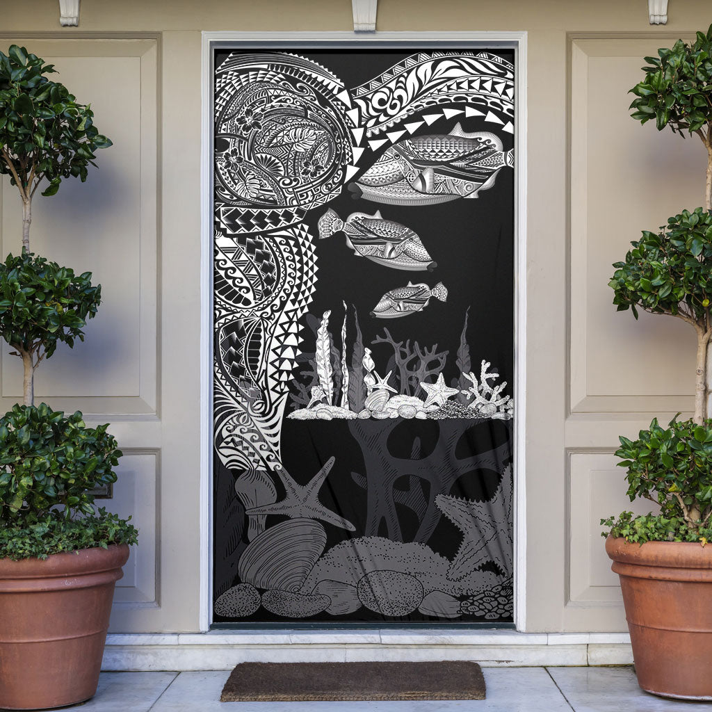 Hawaiian Reef Triggerfish Door Cover Polynesian Art with Tribal Humuhumunukunukuapua'a LT03 Black - Polynesian Pride