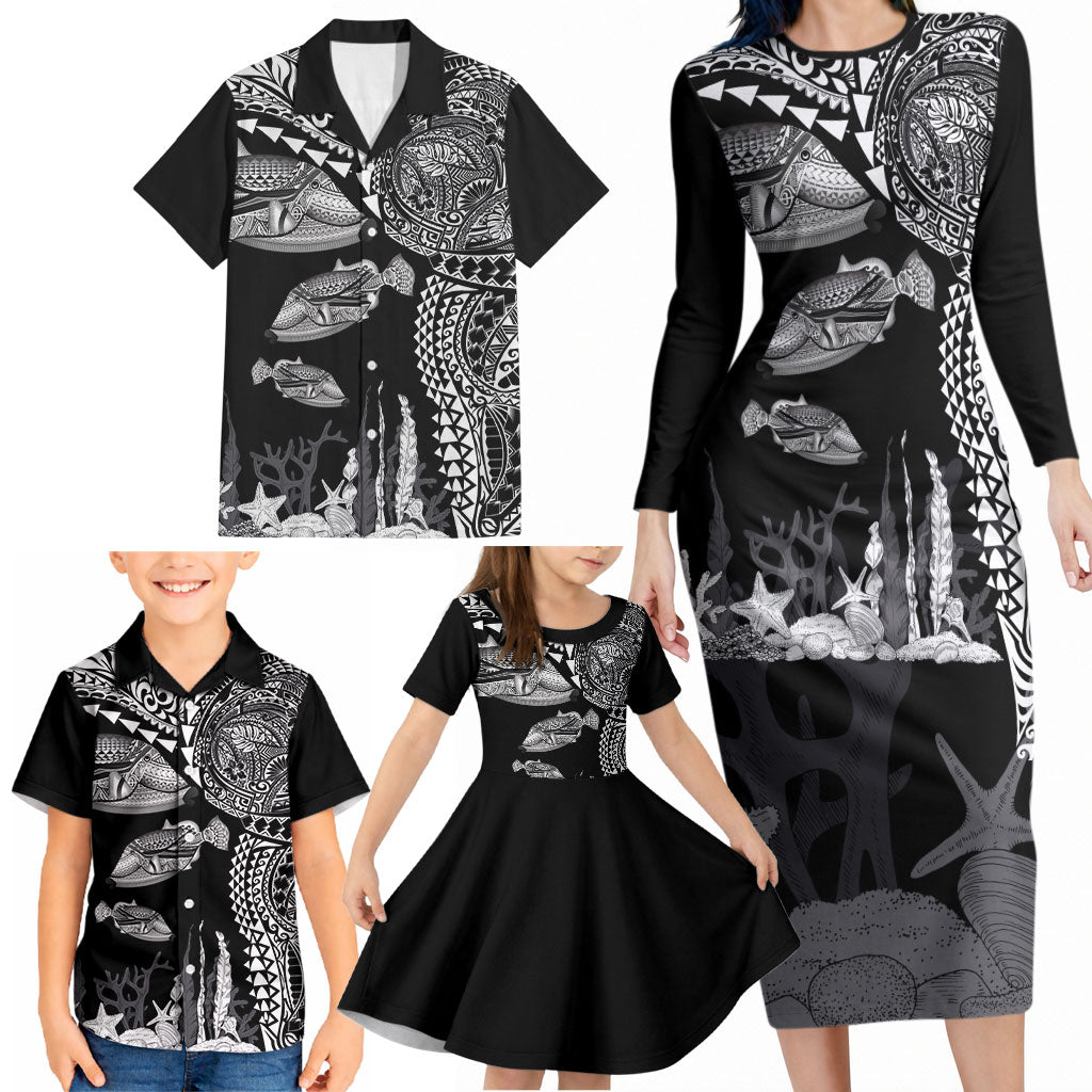Hawaiian Reef Triggerfish Family Matching Long Sleeve Bodycon Dress and Hawaiian Shirt Polynesian Art with Tribal Humuhumunukunukuapua'a LT03 - Polynesian Pride