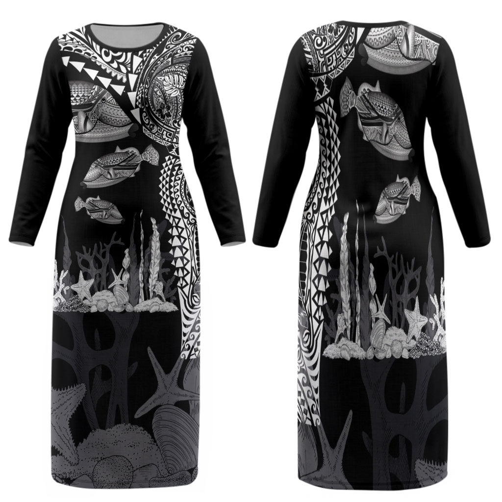 Hawaiian Reef Triggerfish Family Matching Long Sleeve Bodycon Dress and Hawaiian Shirt Polynesian Art with Tribal Humuhumunukunukuapua'a LT03 Mom's Dress Black - Polynesian Pride