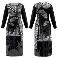 Hawaiian Reef Triggerfish Family Matching Long Sleeve Bodycon Dress and Hawaiian Shirt Polynesian Art with Tribal Humuhumunukunukuapua'a LT03 Mom's Dress Black - Polynesian Pride