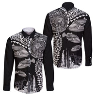 Hawaiian Reef Triggerfish Family Matching Long Sleeve Bodycon Dress and Hawaiian Shirt Polynesian Art with Tribal Humuhumunukunukuapua'a LT03 Dad's Shirt - Long Sleeve Black - Polynesian Pride