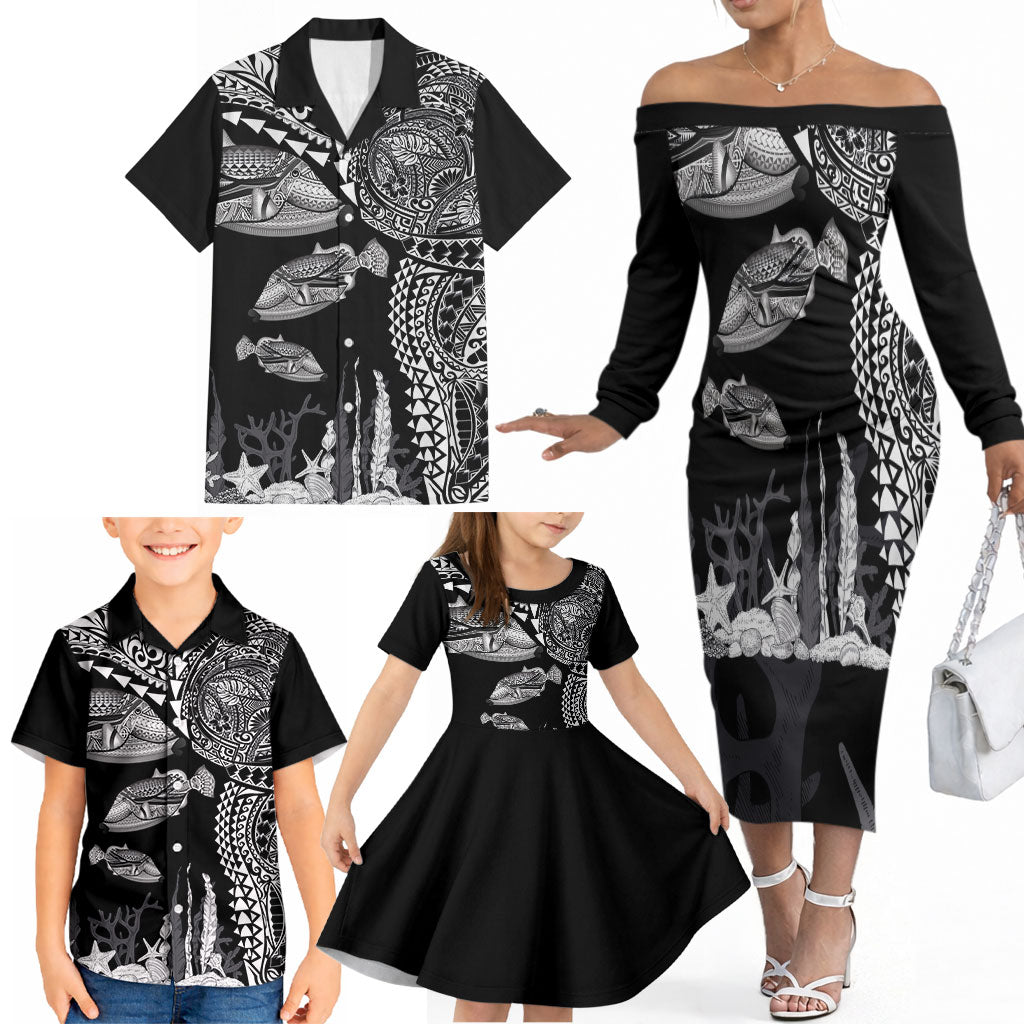Hawaiian Reef Triggerfish Family Matching Off The Shoulder Long Sleeve Dress and Hawaiian Shirt Polynesian Art with Tribal Humuhumunukunukuapua'a LT03 - Polynesian Pride